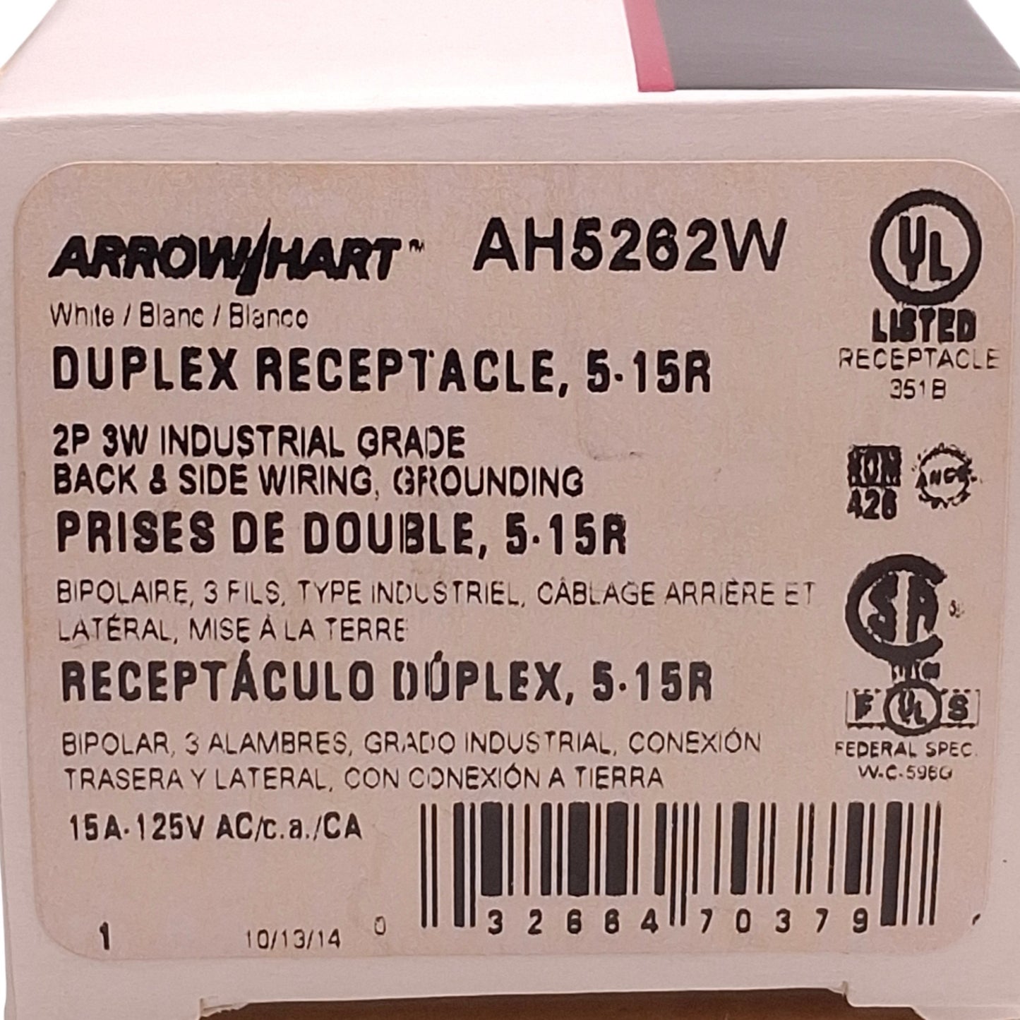 New Lot of 2 Eaton Arrow Hart AH5262W Duplex Receptacle 125V, 15A, NEMA 5-15R