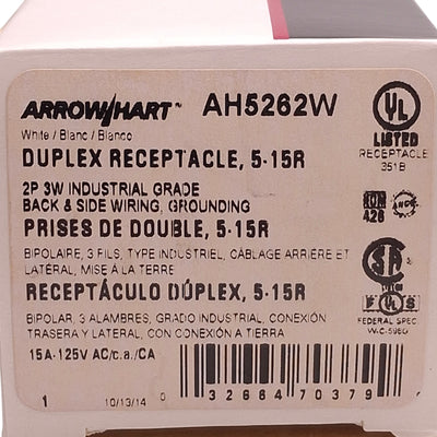 New Lot of 2 Eaton Arrow Hart AH5262W Duplex Receptacle 125V, 15A, NEMA 5-15R