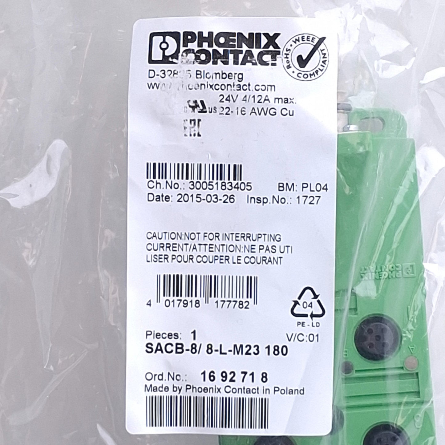 New Phoenix Contact SACB-8/ 8L-M23 180 Distributor Box, M12 Sockets to M23 12-Pin