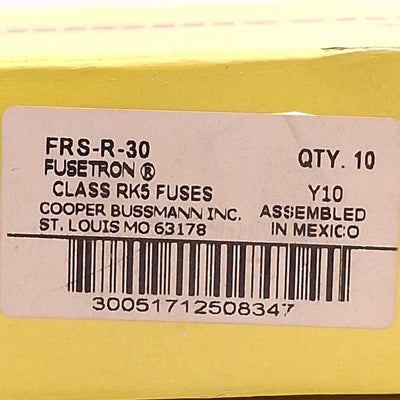 New Lot of 10 Bussmann FRS-R-30 Time-Delay Fuses, Dual Element, 600VAC, 300VDC, 30A