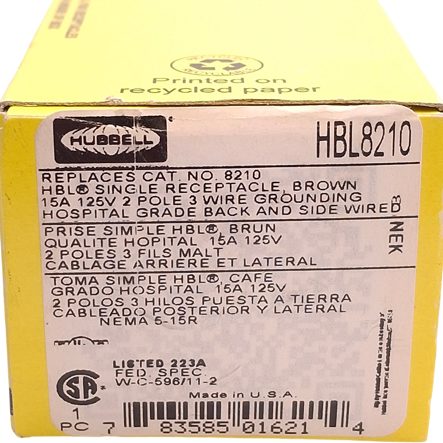 New Hubbell HBL8210 Brown Single Receptacle 125V, 15A, #14-10 AWG, NEMA 5-15R