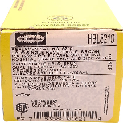 New Hubbell HBL8210 Brown Single Receptacle 125V, 15A, #14-10 AWG, NEMA 5-15R