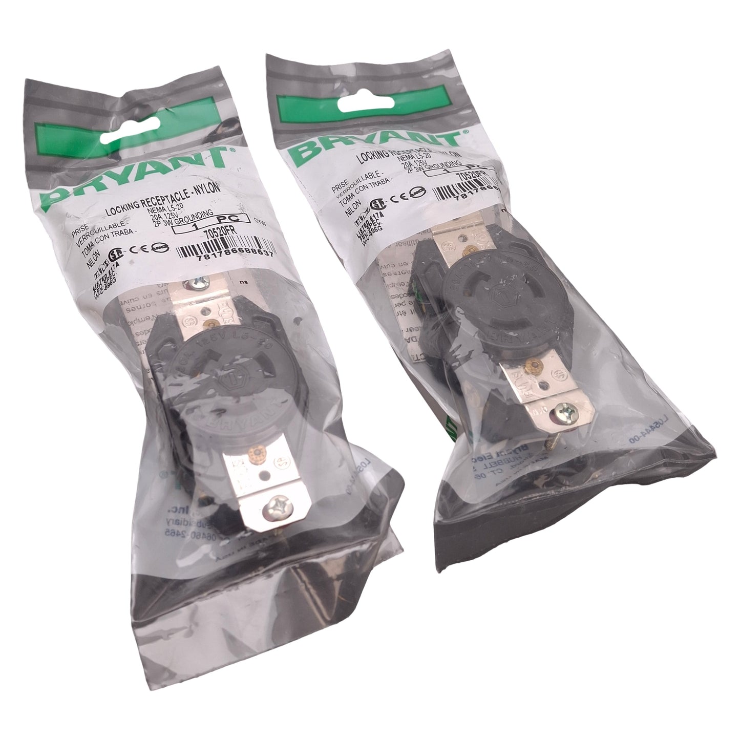 New Lot of 2 Bryant 70520FR Locking Receptacle 125V 20A, #8-14 AWG, NEMA L5-20