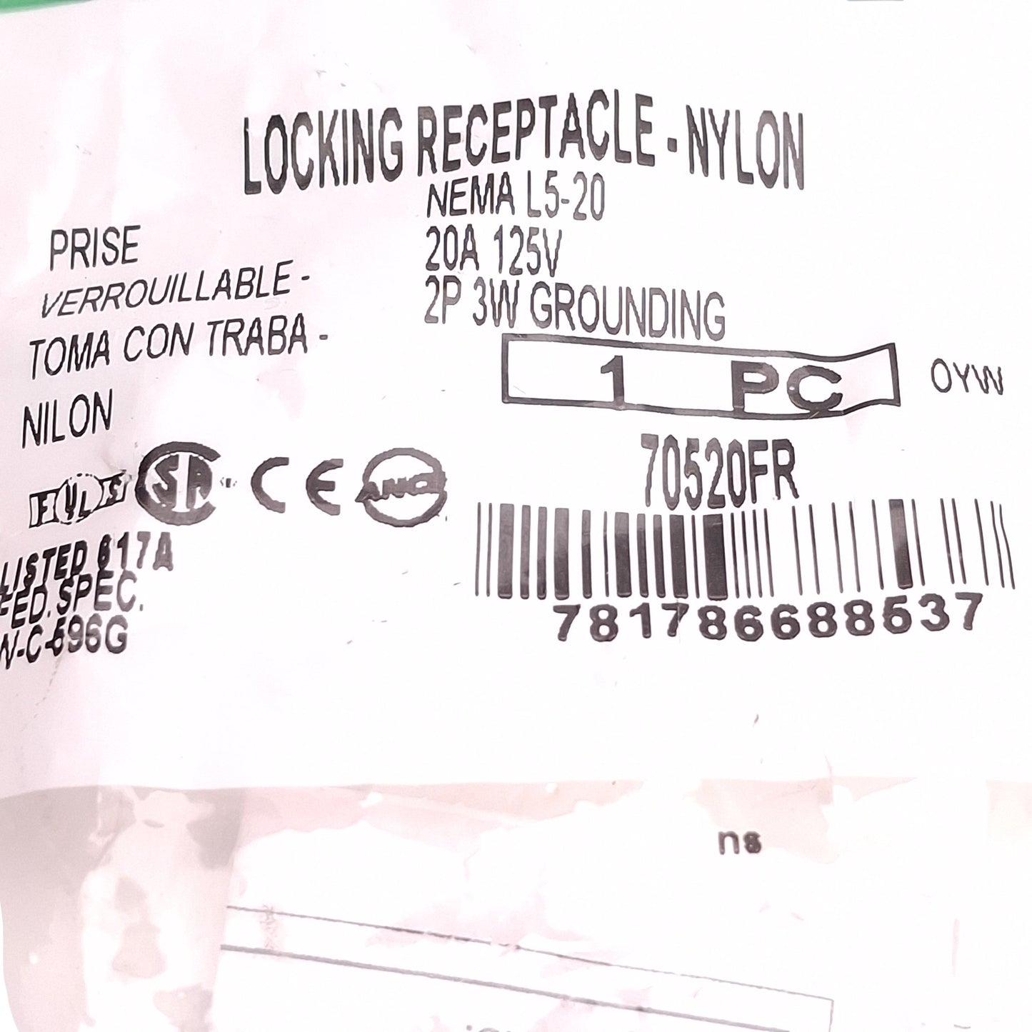 New Lot of 2 Bryant 70520FR Locking Receptacle 125V 20A, #8-14 AWG, NEMA L5-20