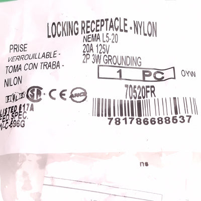 New Lot of 2 Bryant 70520FR Locking Receptacle 125V 20A, #8-14 AWG, NEMA L5-20