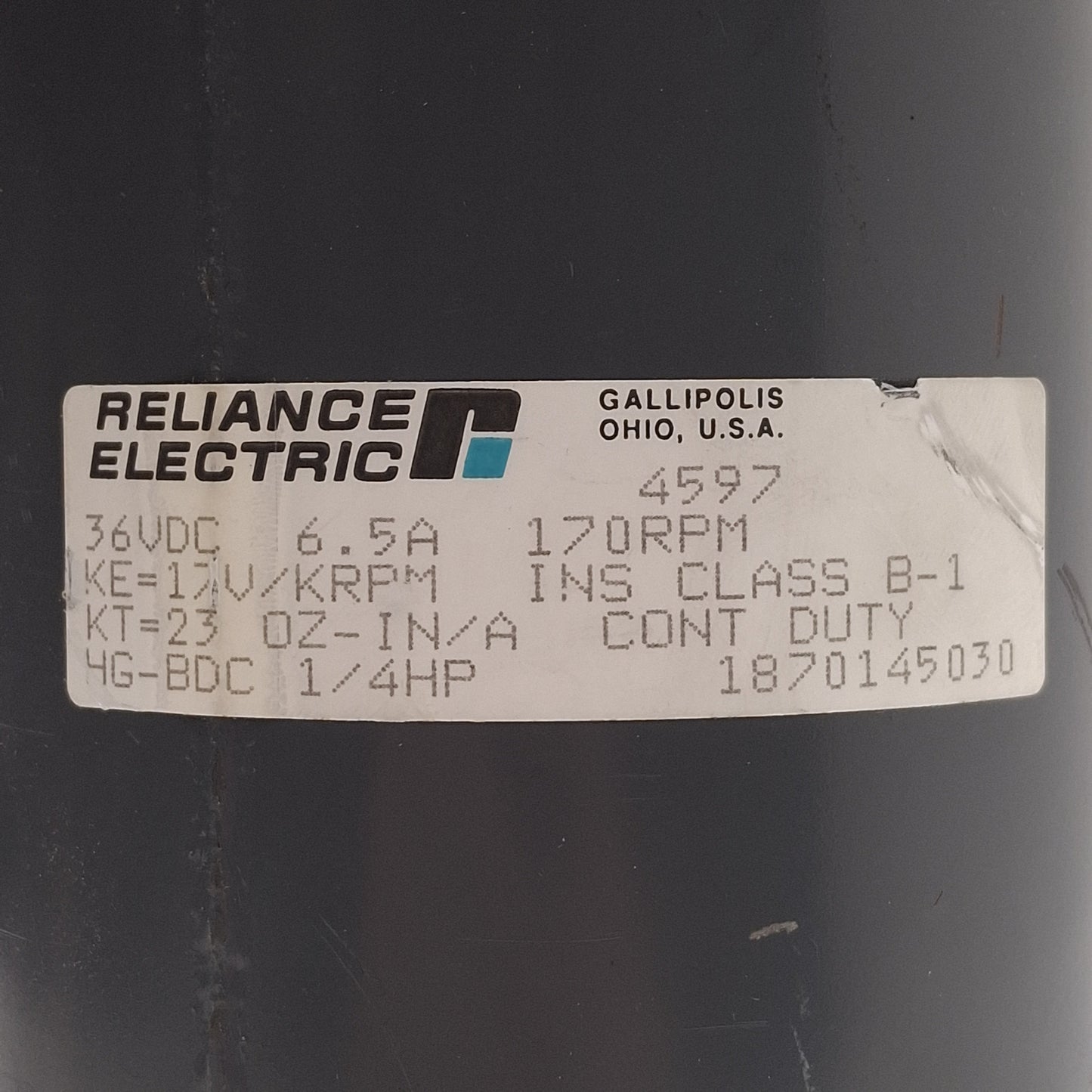 Used Reliance Electric 4597 DC Gearmotor, 36VDC 6.5A, 170rpm, 23oz-in/A, ø3/4in Shaft