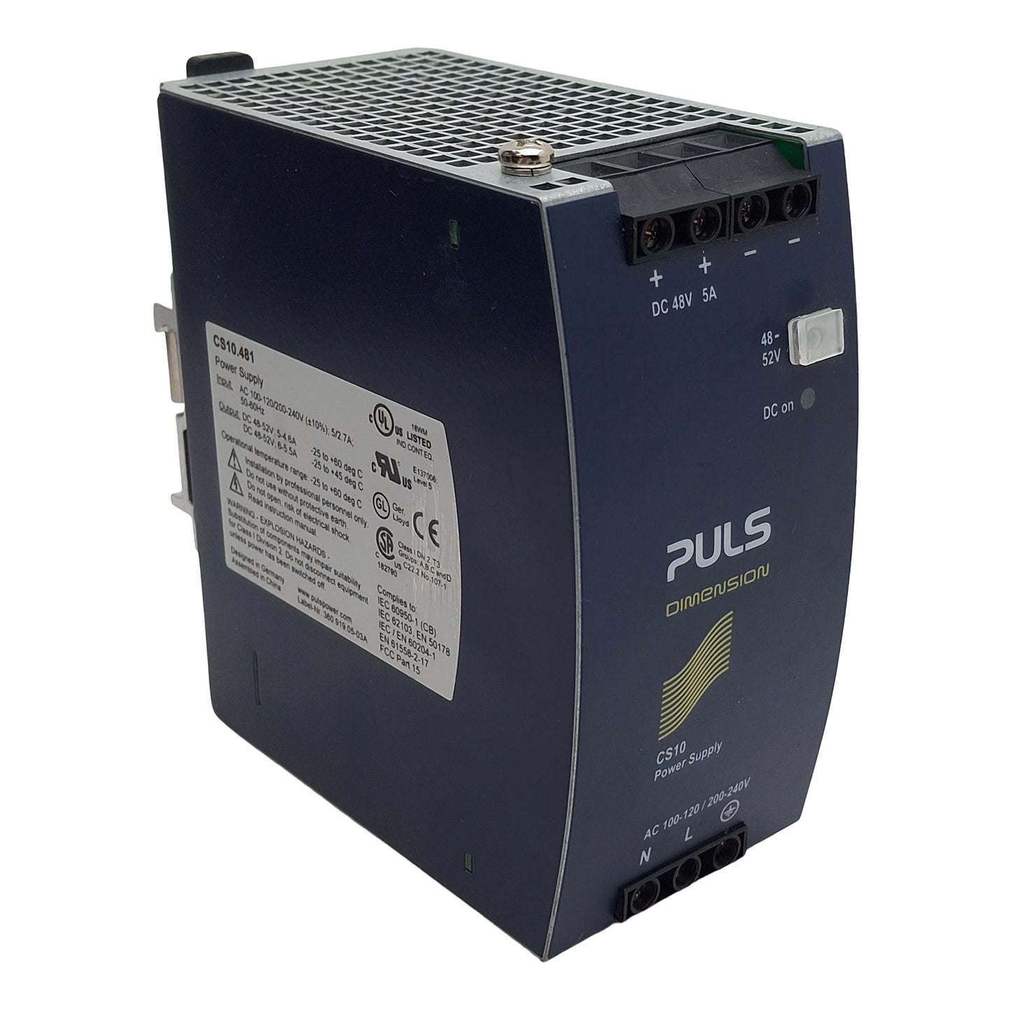 Used Puls CS10.481 Dimension Power Supply, 120/240VAC In, 6/5A 48-52VDC Out, DIN Rail