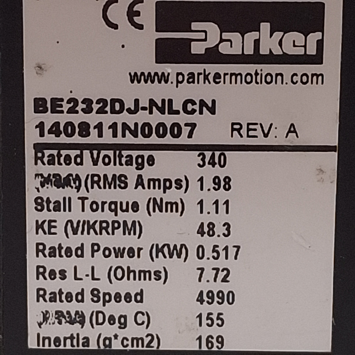 Used Parker BE232DJ-NLCN Servo Motor, 0.517kW, 1.11Nm, 4990rpm, ø3/8in Shaft, NEMA 23