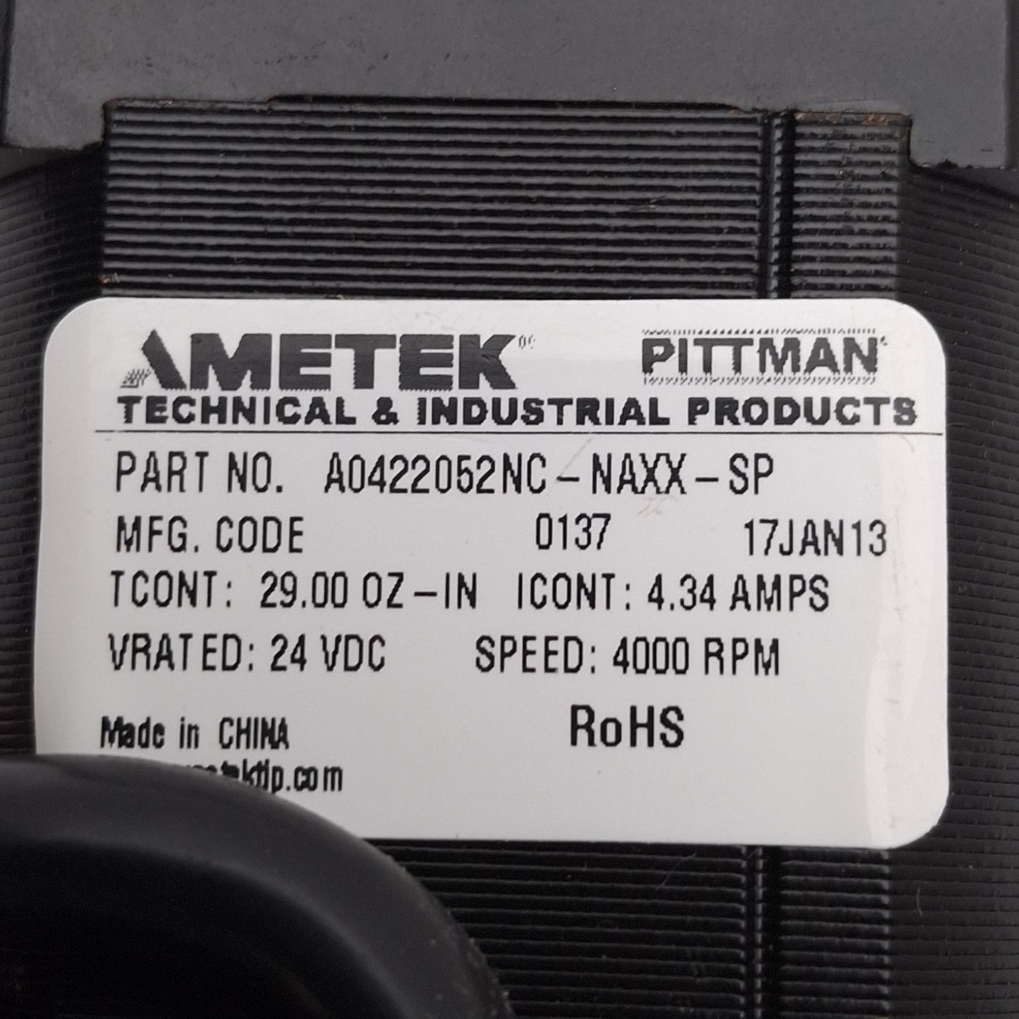 Used Ametek A0422052NC-NAXX-SP Servo Motor, 24VDC 4.34A, 29oz-in, 4000rpm, NEMA 17
