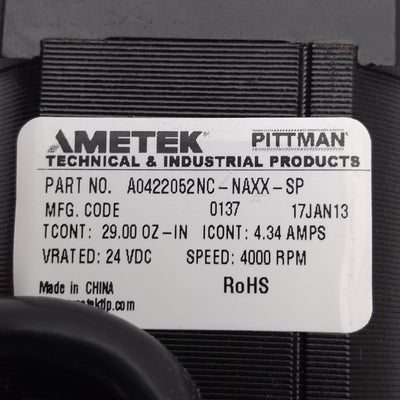 Used Ametek A0422052NC-NAXX-SP Servo Motor, 24VDC 4.34A, 29oz-in, 4000rpm, NEMA 17