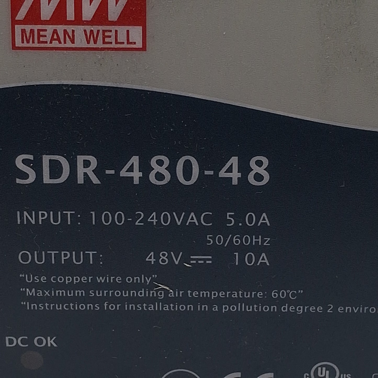 Used Mean Well SDR-480-48 Power Supply, 100-240VAC In, 10A 48VDC Out, DIN Rail