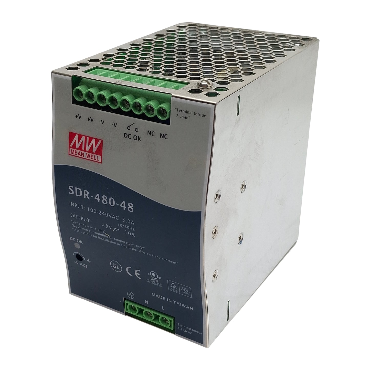 Used Mean Well SDR-480-48 Power Supply, 100-240VAC In, 10A 48VDC Out, DIN Rail