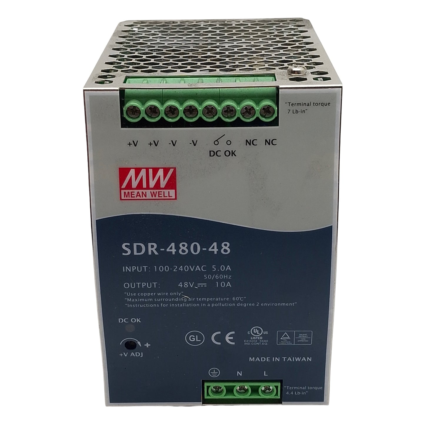 Used Mean Well SDR-480-48 Power Supply, 100-240VAC In, 10A 48VDC Out, DIN Rail