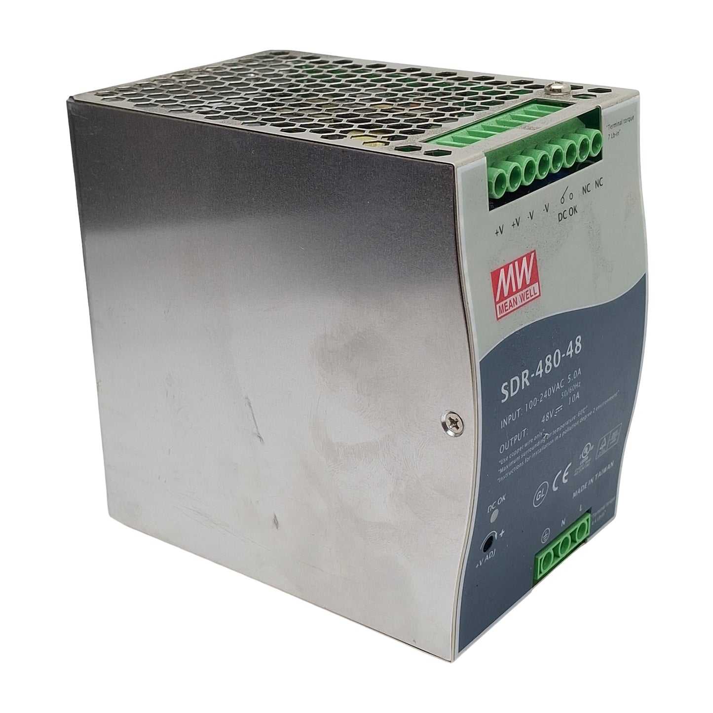 Used Mean Well SDR-480-48 Power Supply, 100-240VAC In, 10A 48VDC Out, DIN Rail