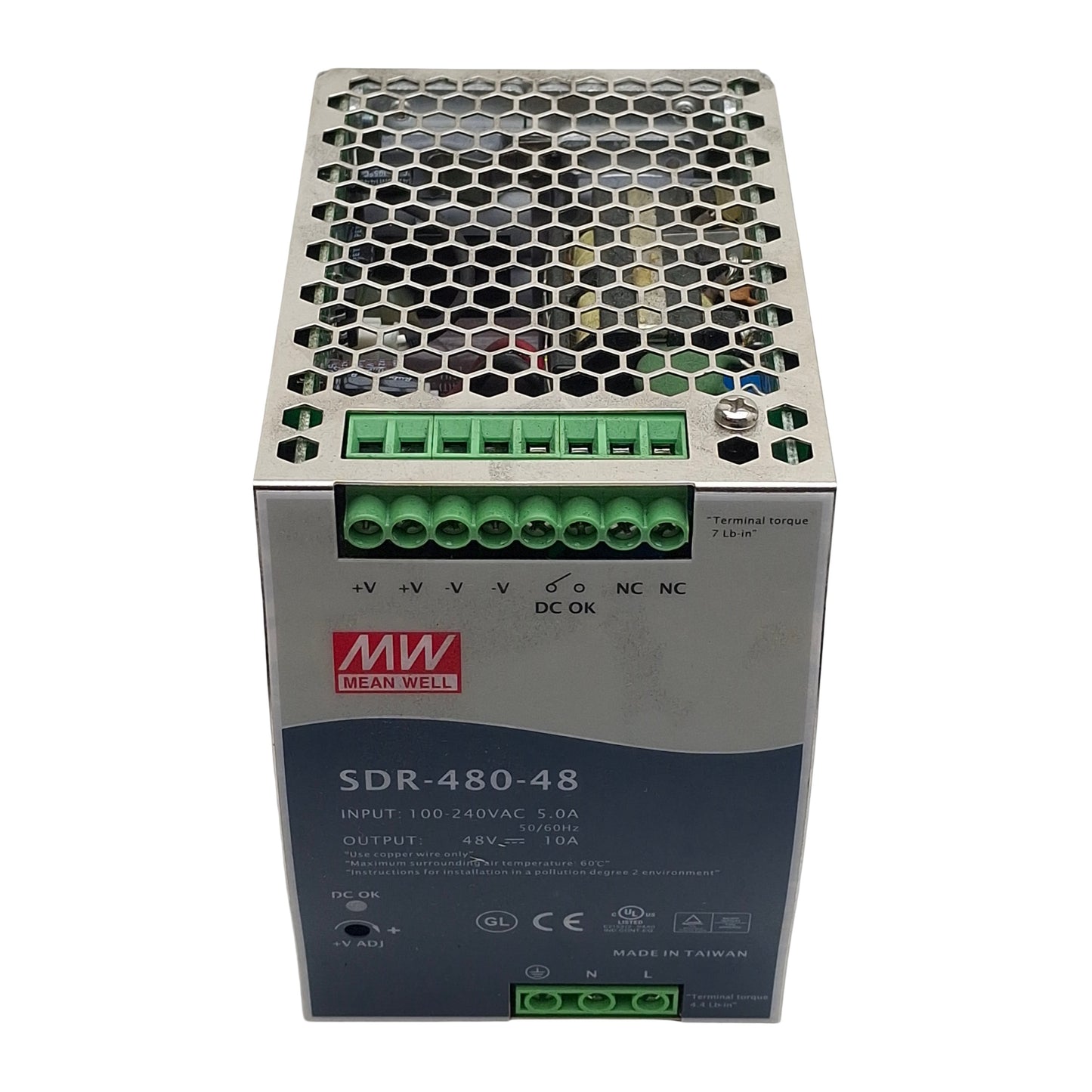 Used Mean Well SDR-480-48 Power Supply, 100-240VAC In, 10A 48VDC Out, DIN Rail