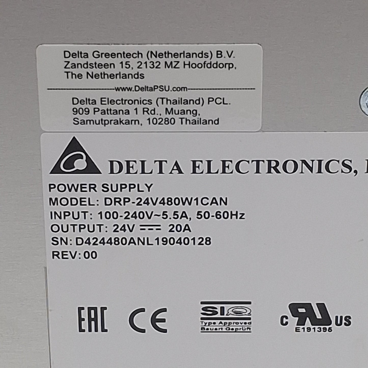 Used Delta DRP-24V480W1CAN Power Supply, 100-240VAC In, 20A 24VDC 480W Out, DIN Rail