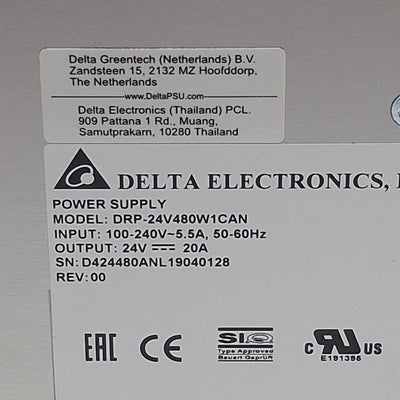 Used Delta DRP-24V480W1CAN Power Supply, 100-240VAC In, 20A 24VDC 480W Out, DIN Rail