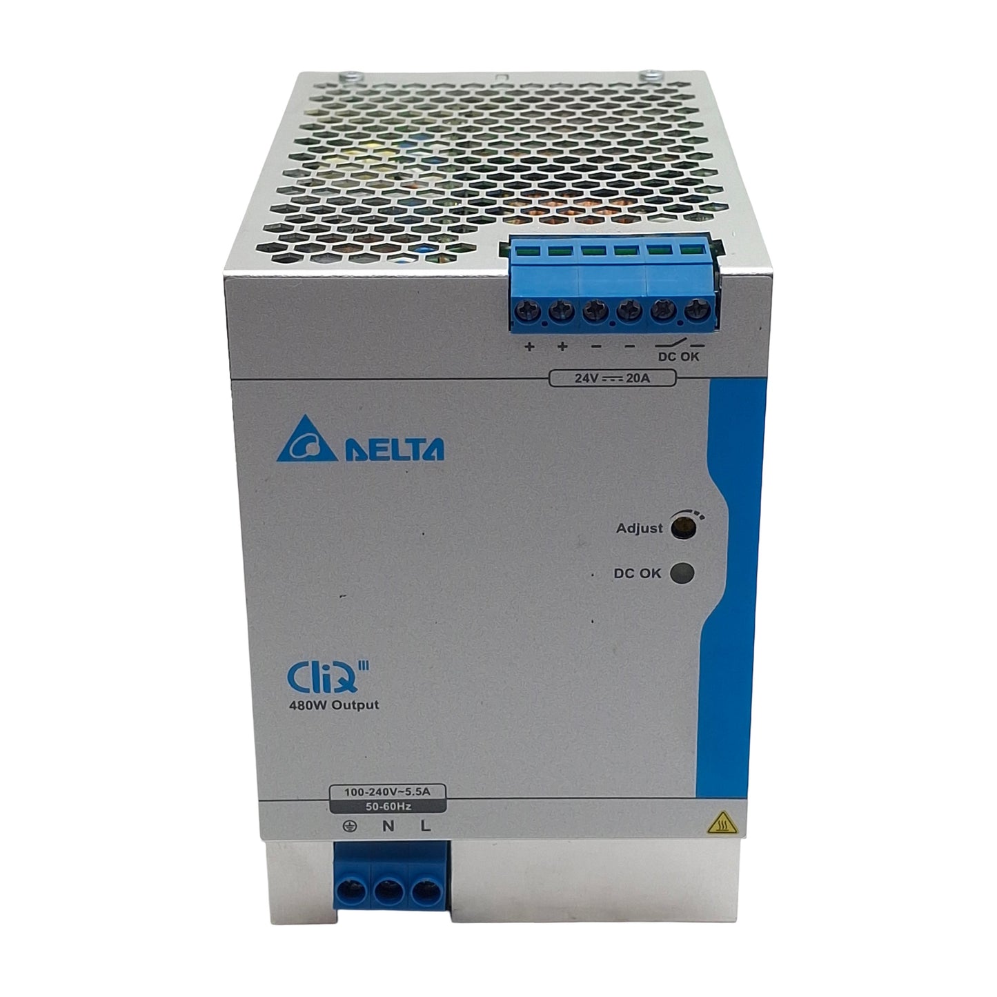 Used Delta DRP-24V480W1CAN Power Supply, 100-240VAC In, 20A 24VDC 480W Out, DIN Rail