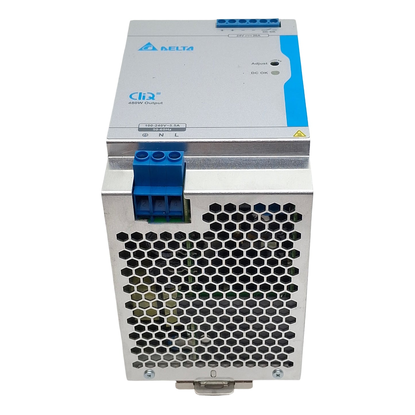 Used Delta DRP-24V480W1CAN Power Supply, 100-240VAC In, 20A 24VDC 480W Out, DIN Rail