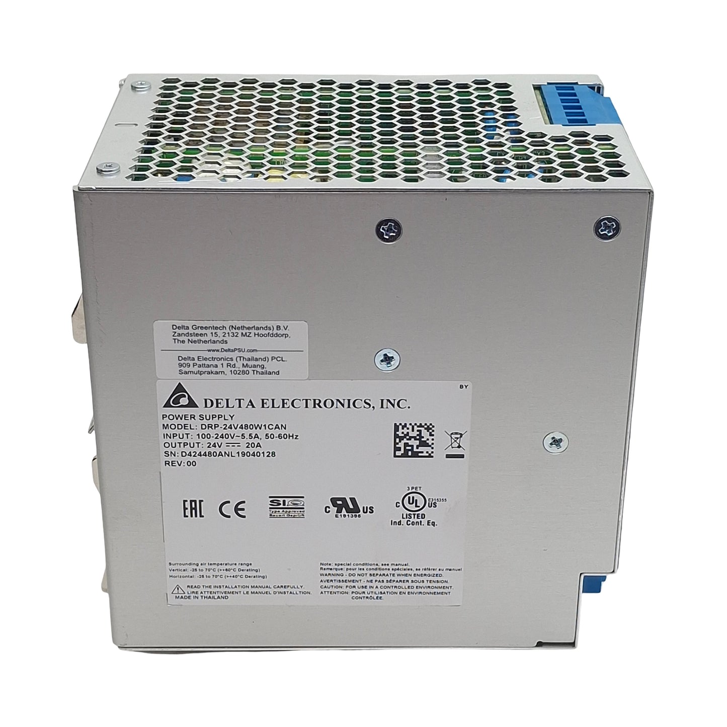 Used Delta DRP-24V480W1CAN Power Supply, 100-240VAC In, 20A 24VDC 480W Out, DIN Rail