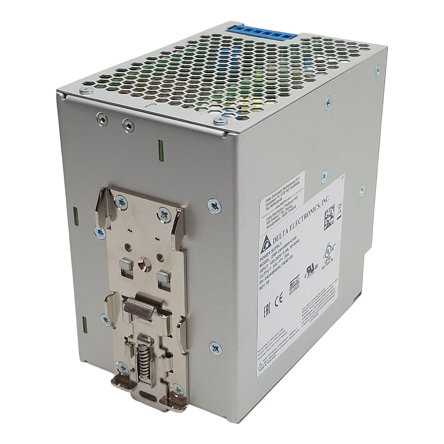 Used Delta DRP-24V480W1CAN Power Supply, 100-240VAC In, 20A 24VDC 480W Out, DIN Rail