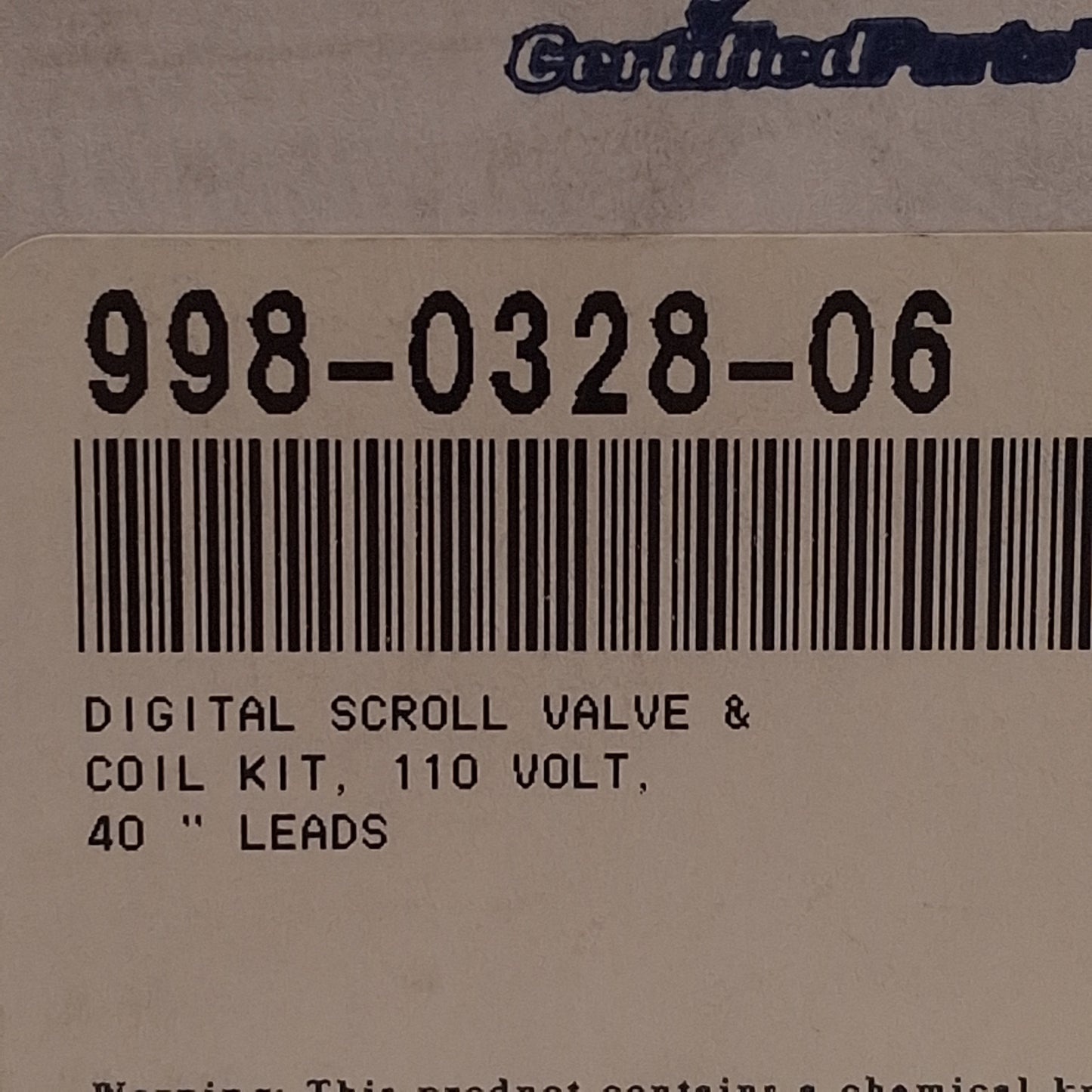 Used Copeland 998-0328-06 Digital Scroll Valve and Coil Kit, 40in Leads, 110VAC Coil