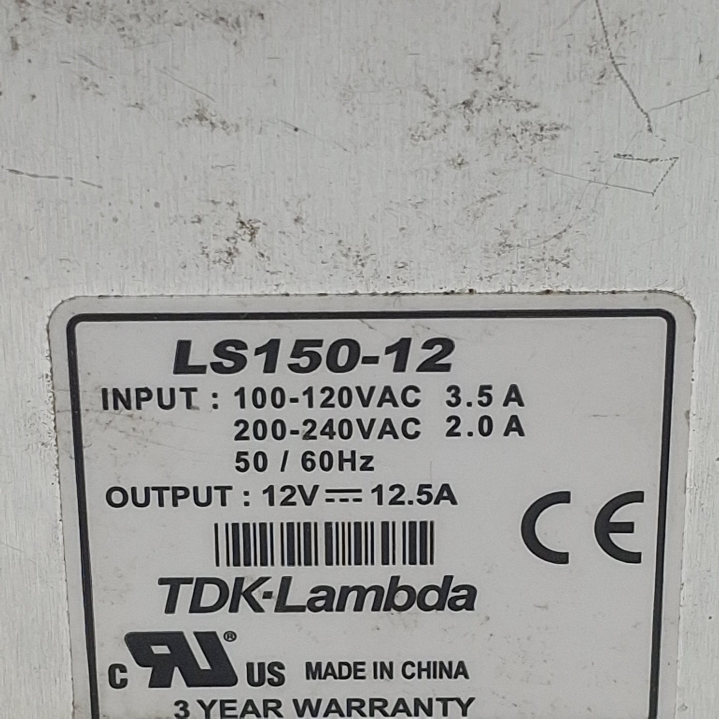 Used TDK-Lambda LS150-12 Power Supply, 120/240VAC In, 12.5A 12VDC Out, DIN Rail