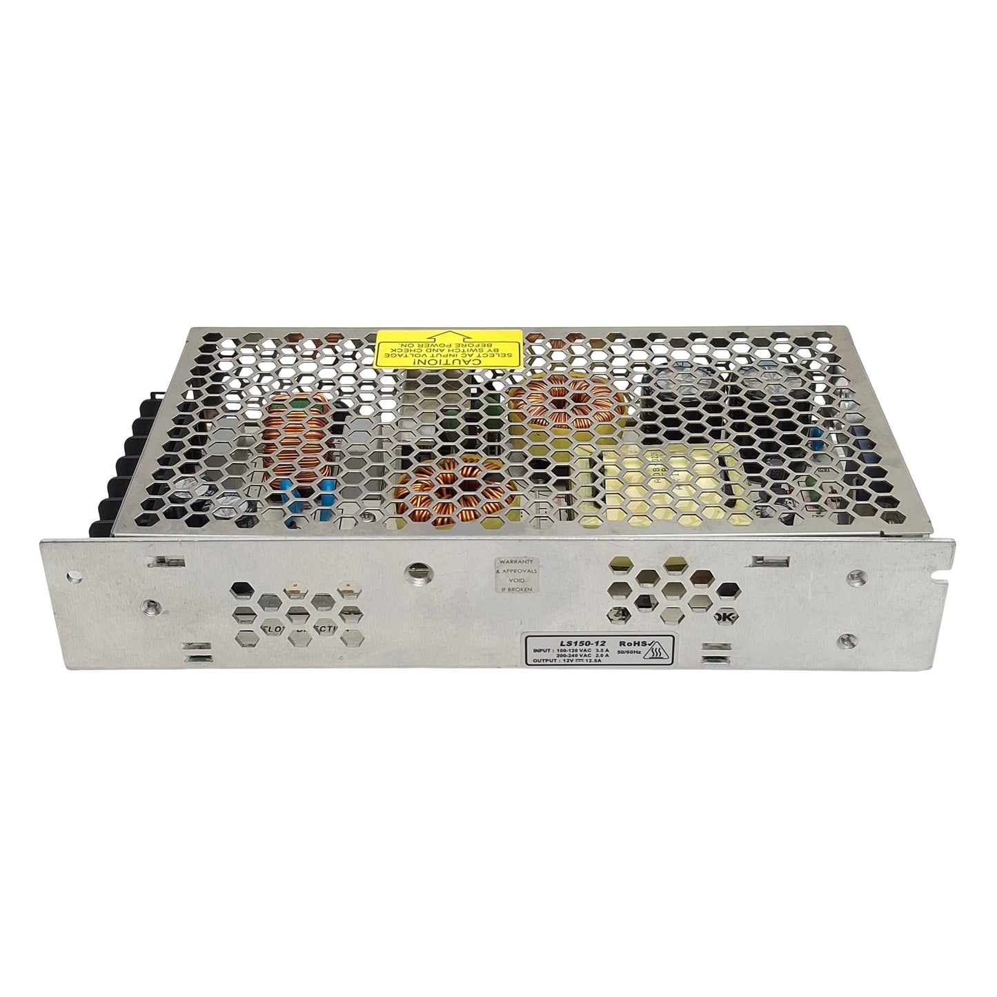 Used TDK-Lambda LS150-12 Power Supply, 120/240VAC In, 12.5A 12VDC Out, DIN Rail