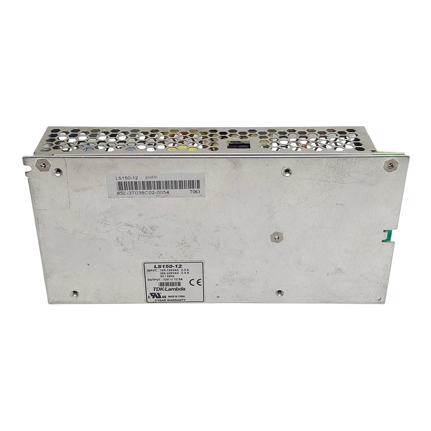 Used TDK-Lambda LS150-12 Power Supply, 120/240VAC In, 12.5A 12VDC Out, DIN Rail