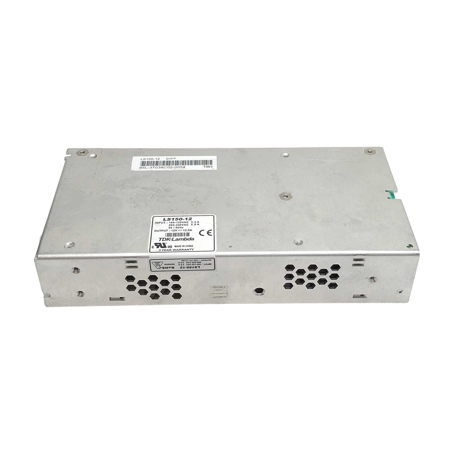 Used TDK-Lambda LS150-12 Power Supply, 120/240VAC In, 12.5A 12VDC Out, DIN Rail