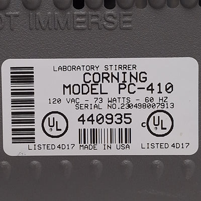 Used Corning PC-410 Magnetic Stirrer, 1-Position, 60-1100rpm, 5in x 7in Table, 120VAC