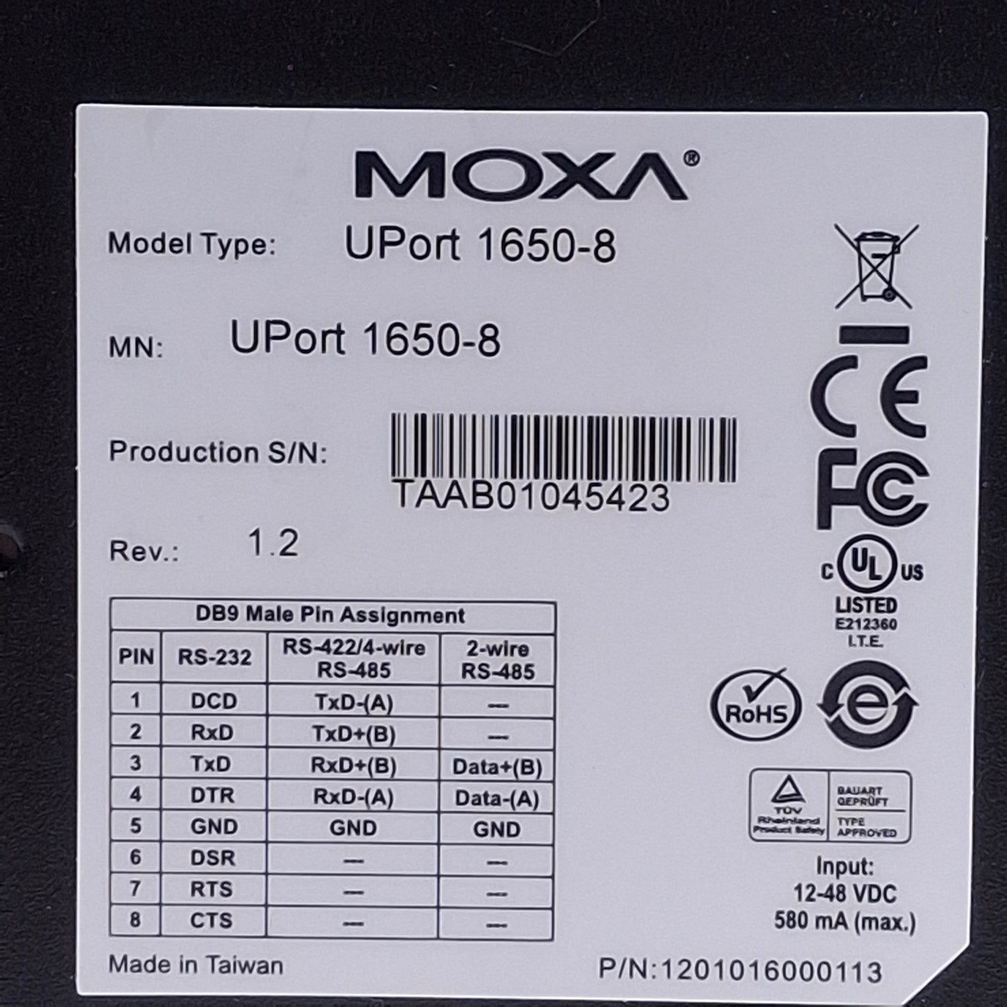 Used Moxa UPort 1650-8 USB-to-Serial Hub 12-42VDC, 580mA Max, 8 Ports, 1x USB 2.0