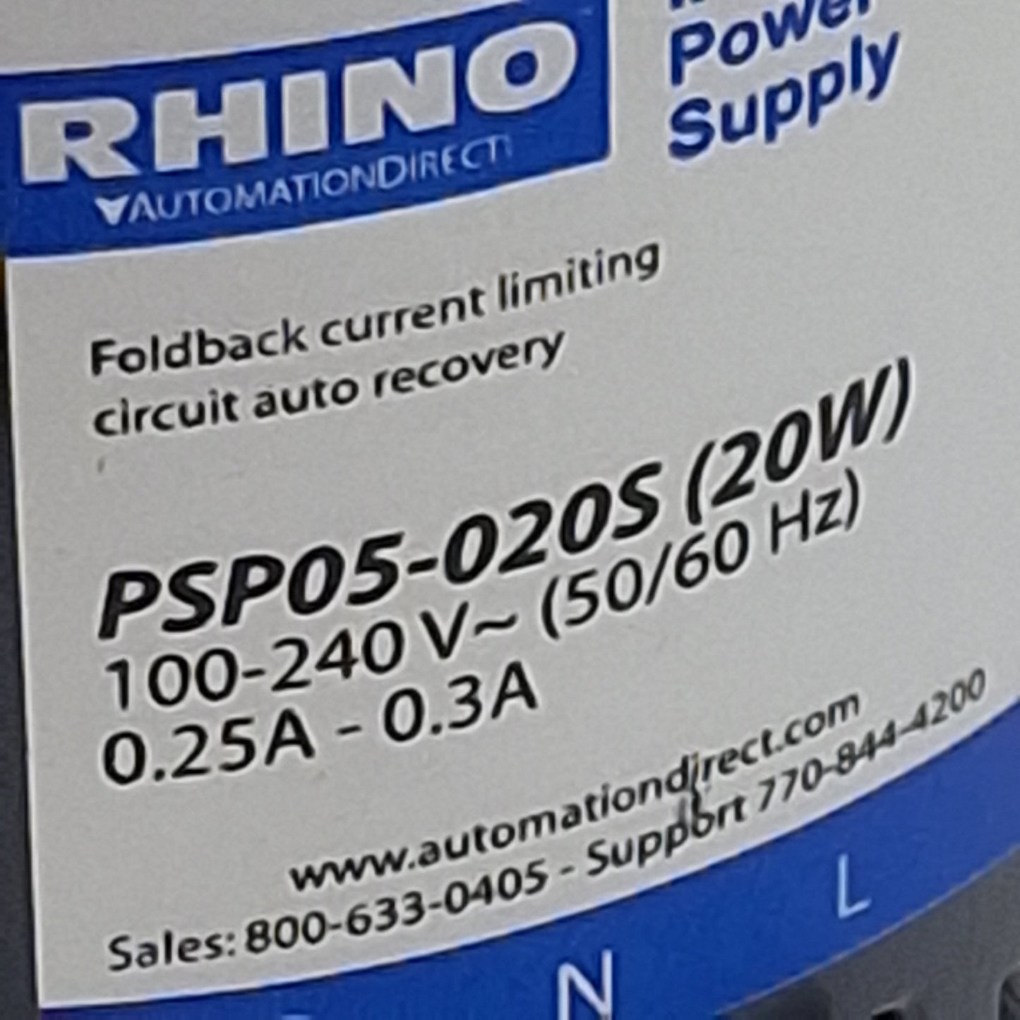 Used Rhino PSP05-020S Industrial Power Supply, 264VAC/375VDC In, 4A 5.1VDC 20W Out