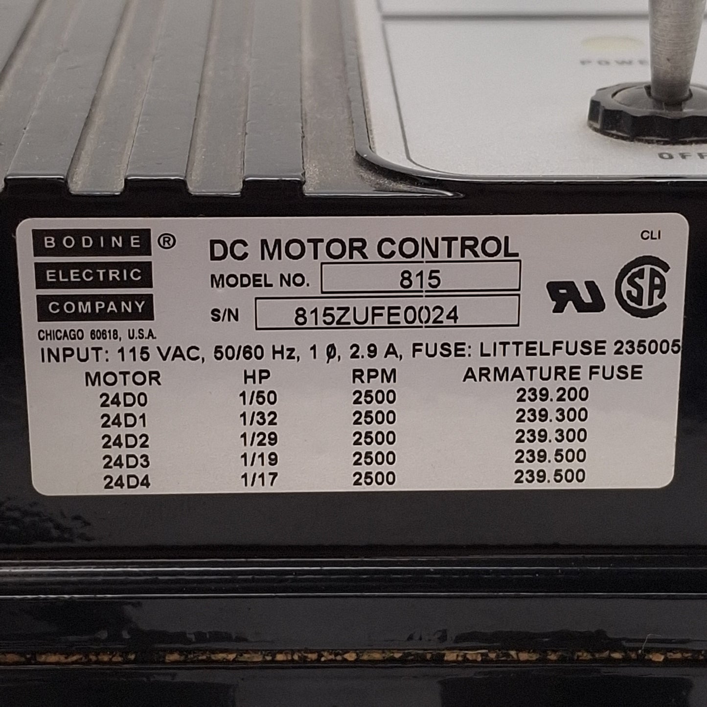 Used Bodine Electric 815 DC Motor Control, 1/17HP, 115VAC Input, 0-130VDC Output