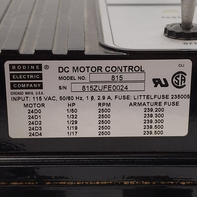 Used Bodine Electric 815 DC Motor Control, 1/17HP, 115VAC Input, 0-130VDC Output
