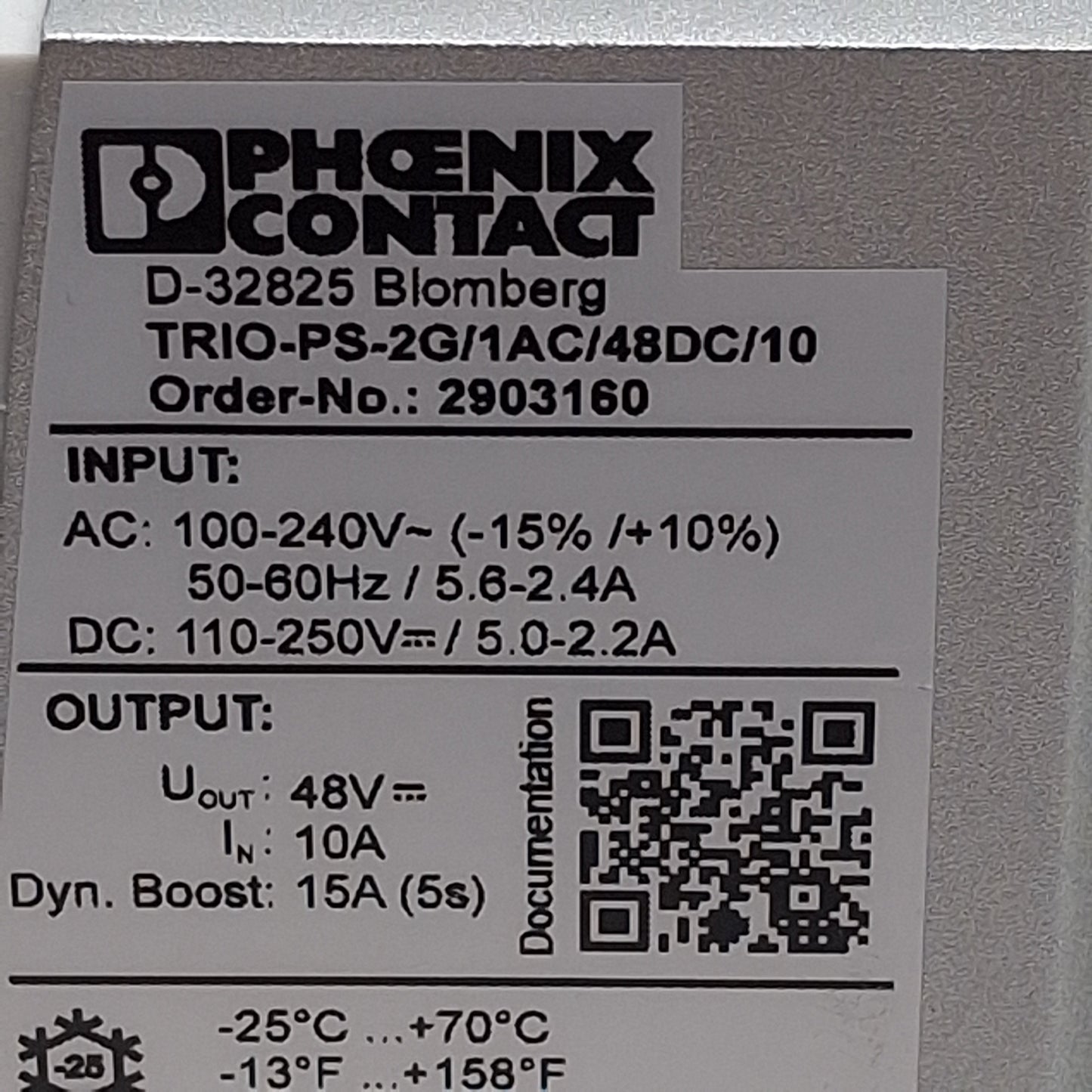 Used Phoenix Contact 2903160 Power Supply, 240VAC/250VDC In, 10A 48VDC Out, DIN Rail