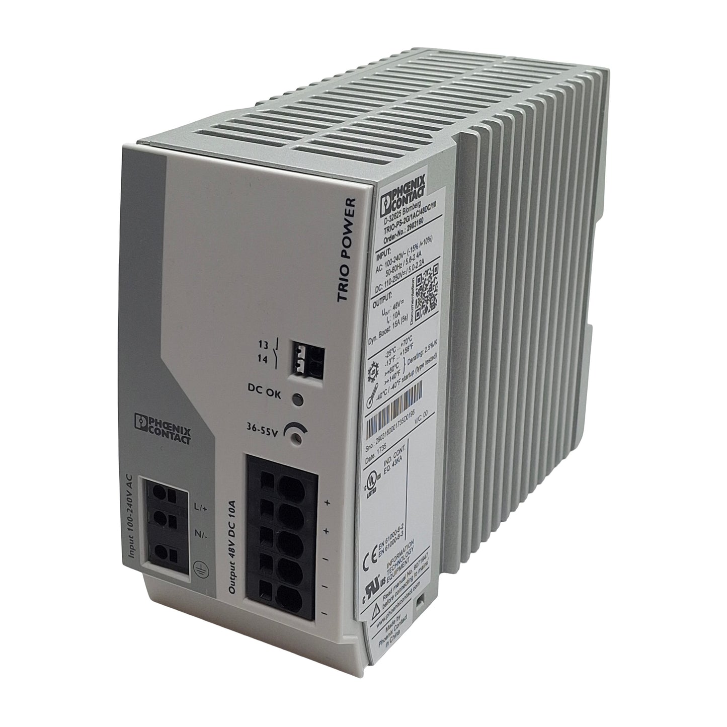 Used Phoenix Contact 2903160 Power Supply, 240VAC/250VDC In, 10A 48VDC Out, DIN Rail