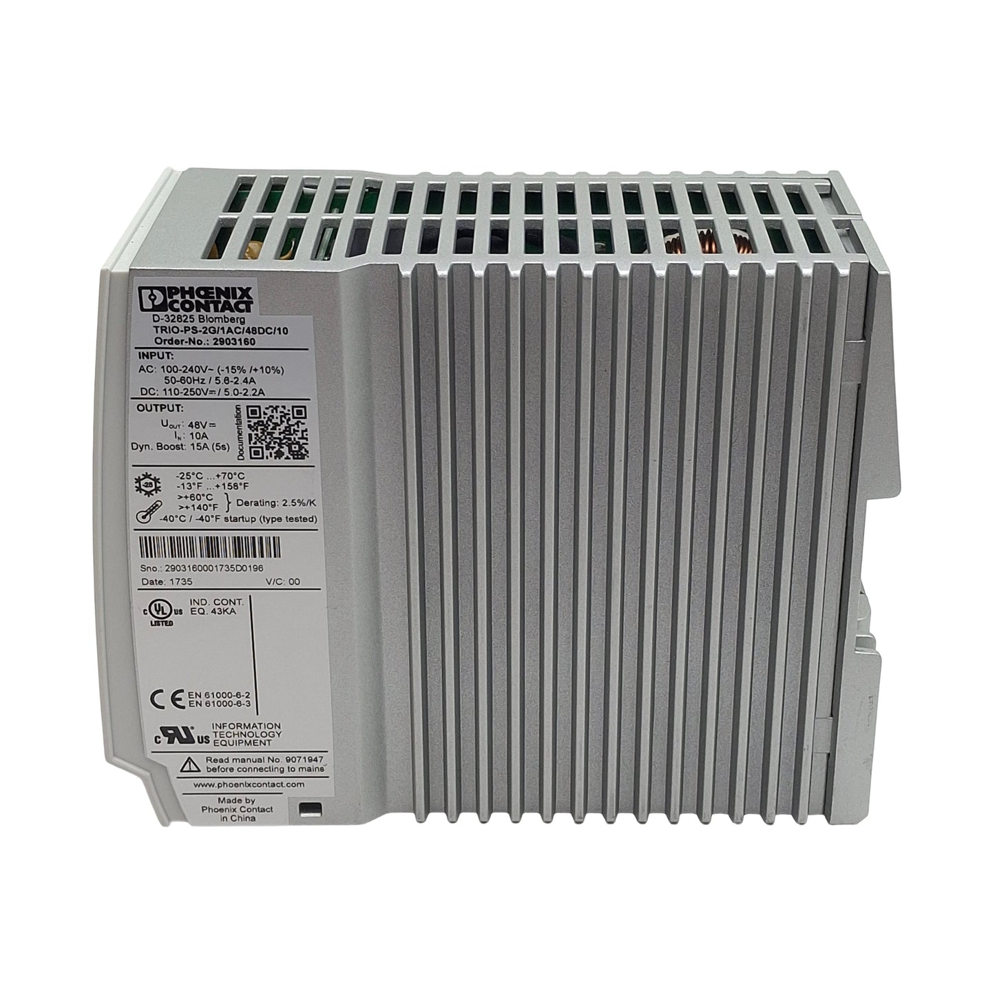 Used Phoenix Contact 2903160 Power Supply, 240VAC/250VDC In, 10A 48VDC Out, DIN Rail