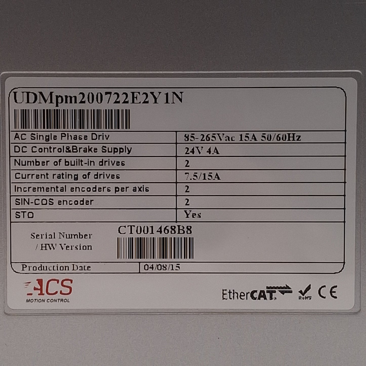 Used ACS UDMpm200722E2Y1N Universal Drive Module, 1 or 2 Axis, 1.6kW, 85-265VAC 15A