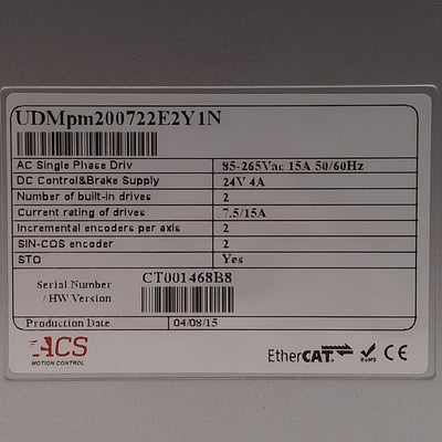 Used ACS UDMpm200722E2Y1N Universal Drive Module, 1 or 2 Axis, 1.6kW, 85-265VAC 15A