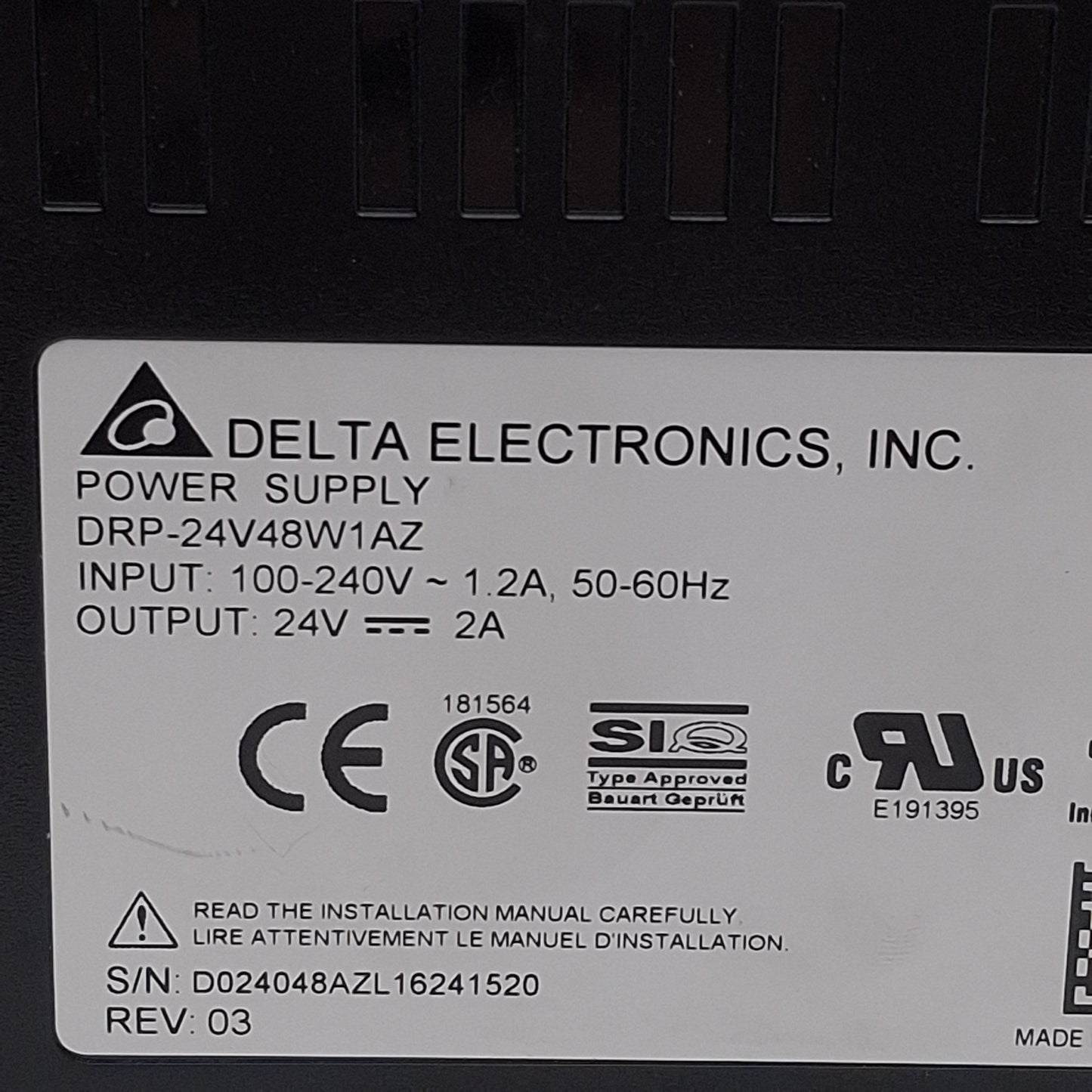 Used Delta Electronics DRP-24V48W1AZ Power Supply, 100-240VAC In, 24VDC 2A Out, 48W