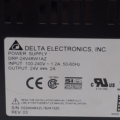 Used Delta Electronics DRP-24V48W1AZ Power Supply, 100-240VAC In, 24VDC 2A Out, 48W