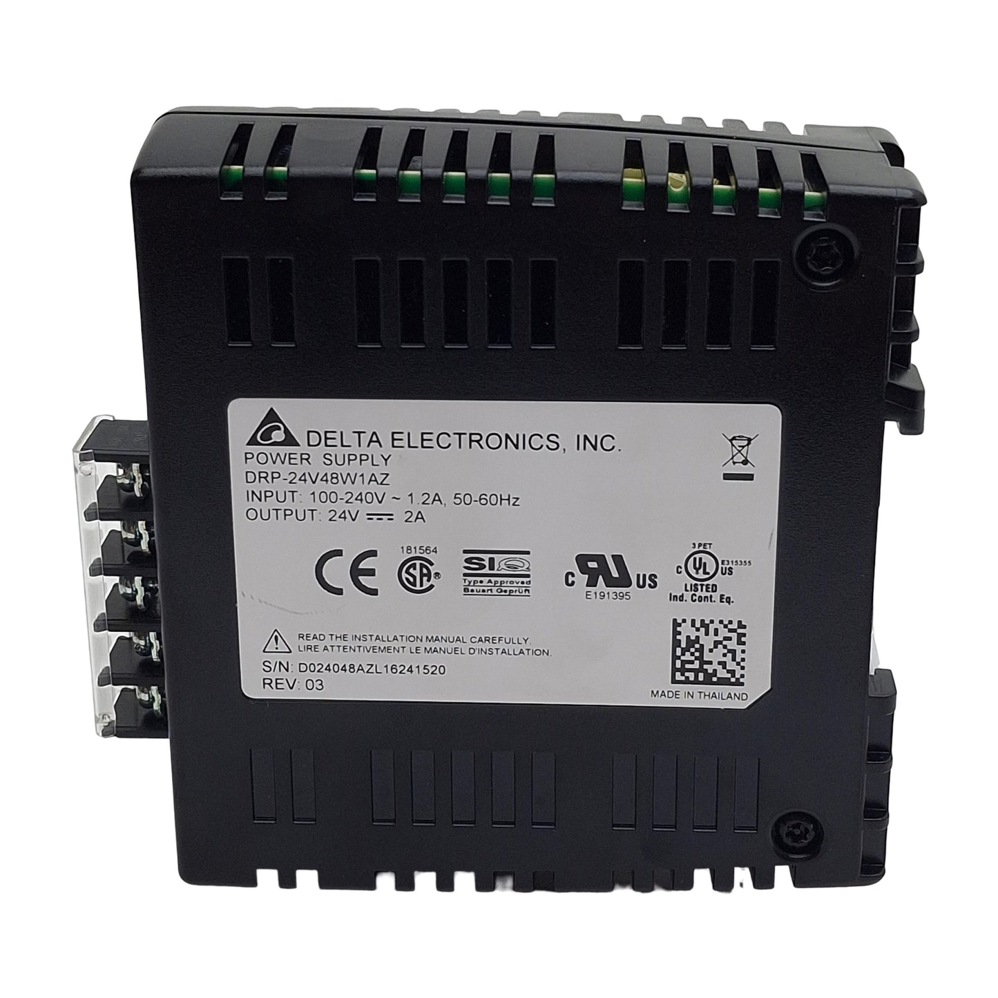 Used Delta Electronics DRP-24V48W1AZ Power Supply, 100-240VAC In, 24VDC 2A Out, 48W