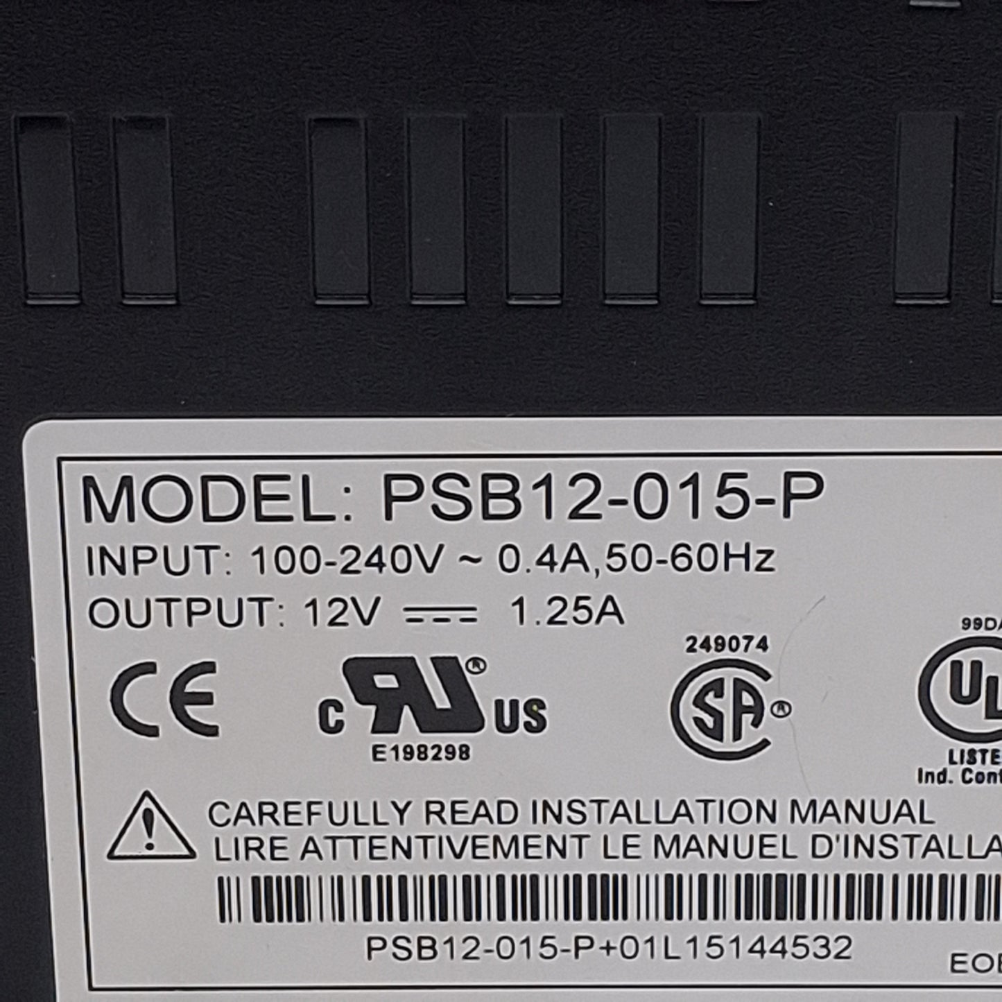 Used Rhino PSB12-015-P Power Supply, 100-240VAC In, 1.25A 12VDC Out, DIN Rail