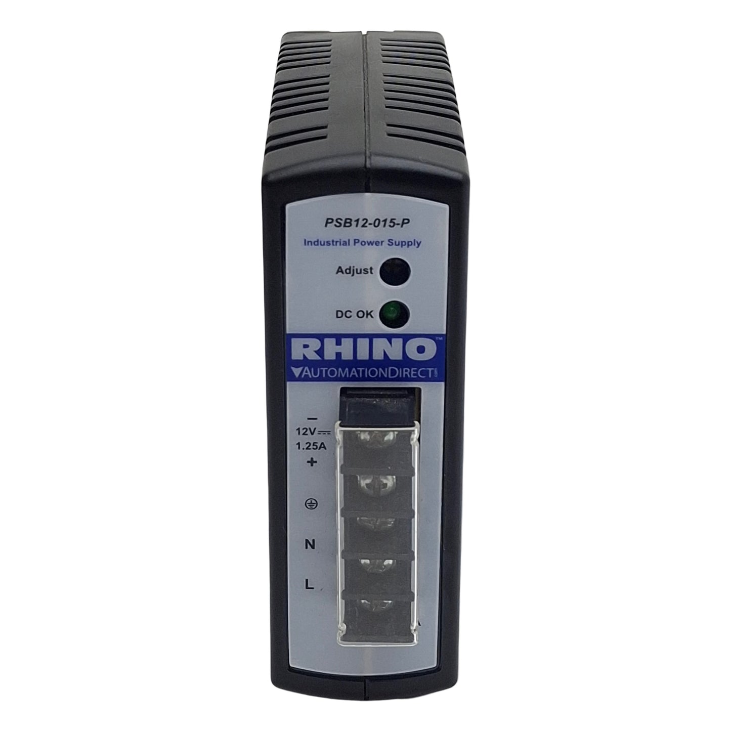 Used Rhino PSB12-015-P Power Supply, 100-240VAC In, 1.25A 12VDC Out, DIN Rail