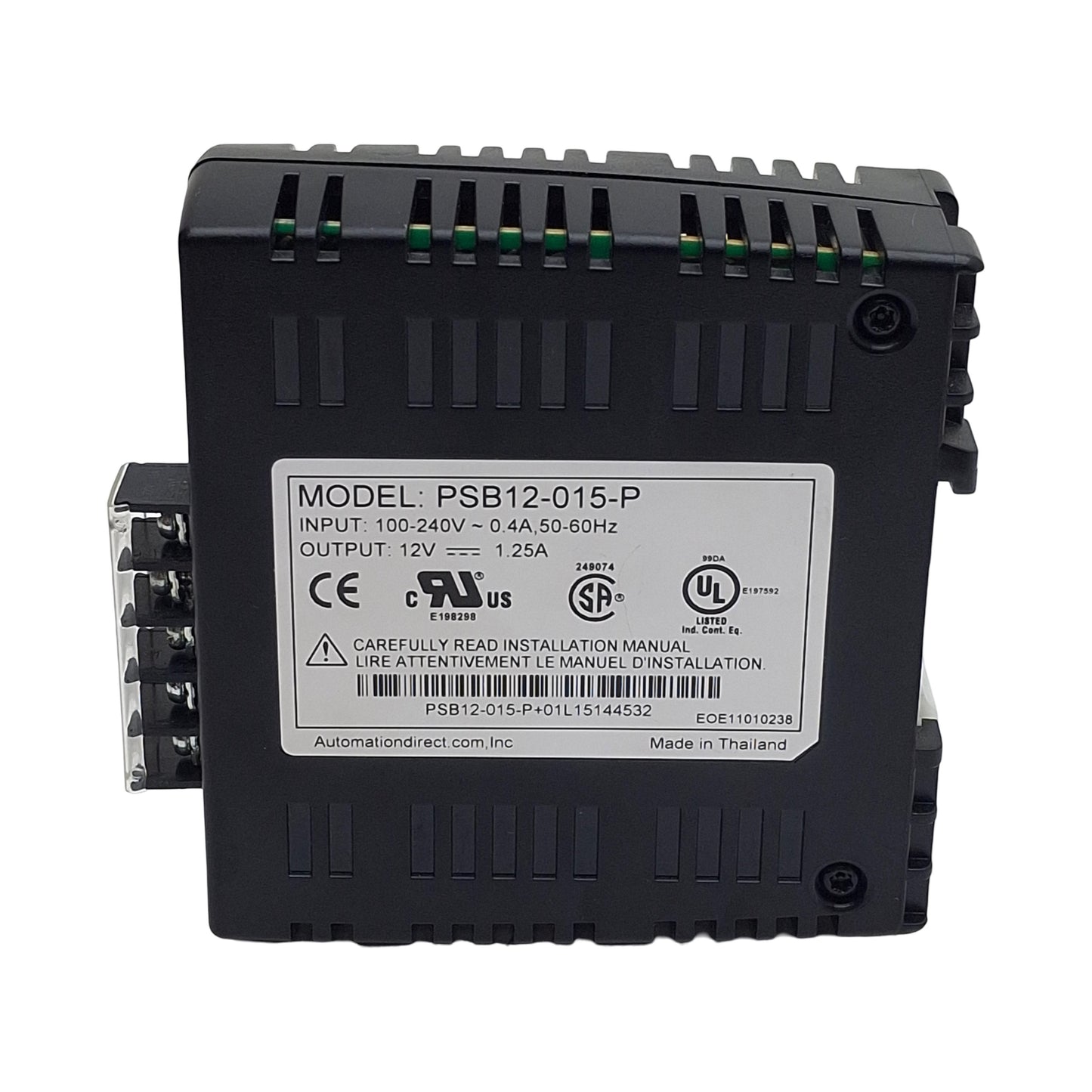 Used Rhino PSB12-015-P Power Supply, 100-240VAC In, 1.25A 12VDC Out, DIN Rail