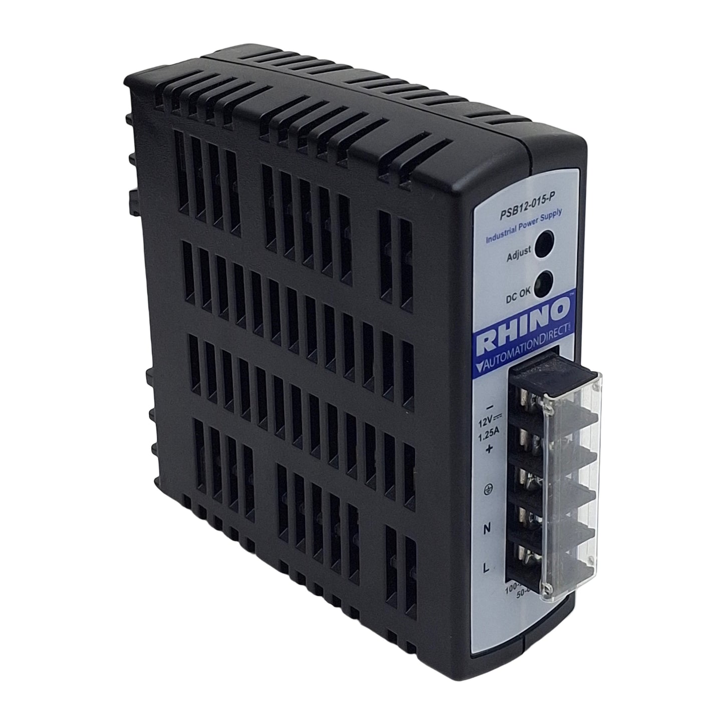 Used Rhino PSB12-015-P Power Supply, 100-240VAC In, 1.25A 12VDC Out, DIN Rail