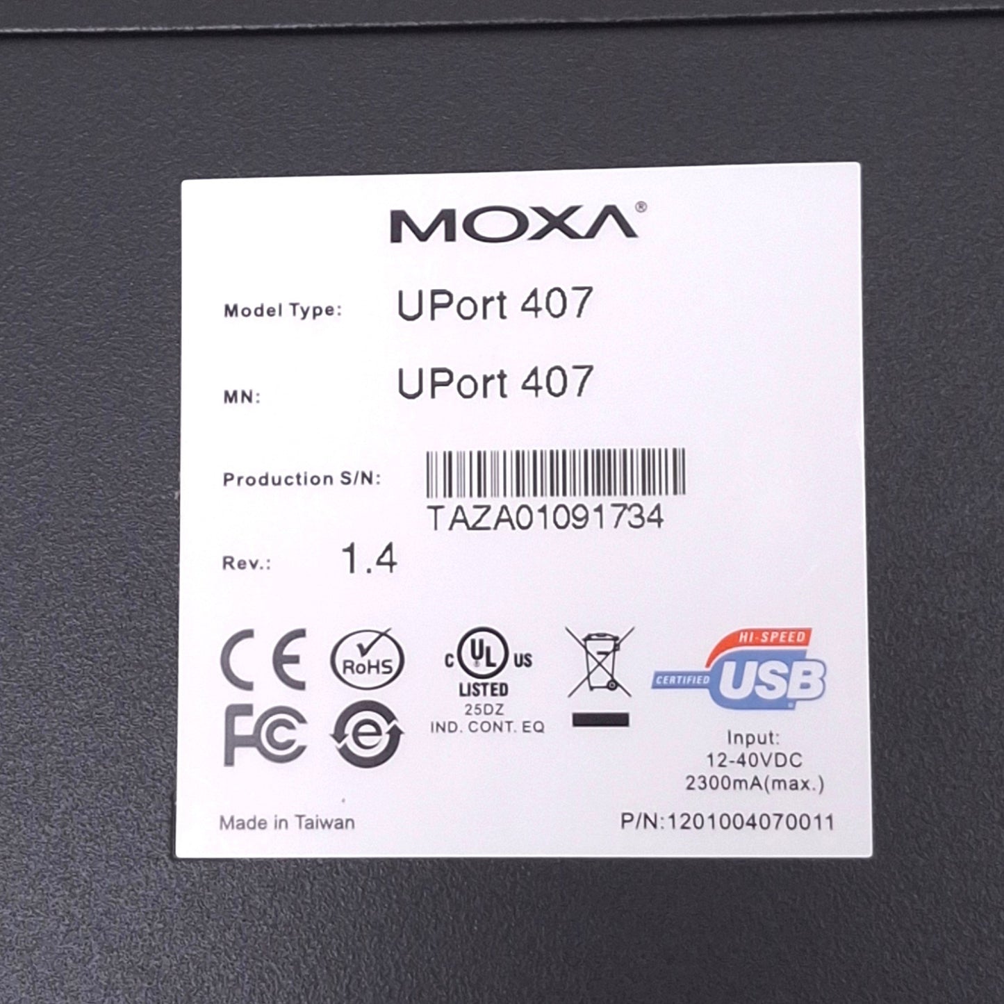 Used Moxa UPort 407 USB Hub, 7-Port USB 2.0, 12-40VDC In, 480Mbps Max