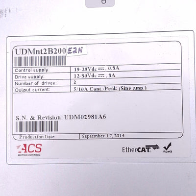 Used ACS Motion Control UDMnt2B200E2N EtherCAT Dual Axis Drive Module, 5/10A Output