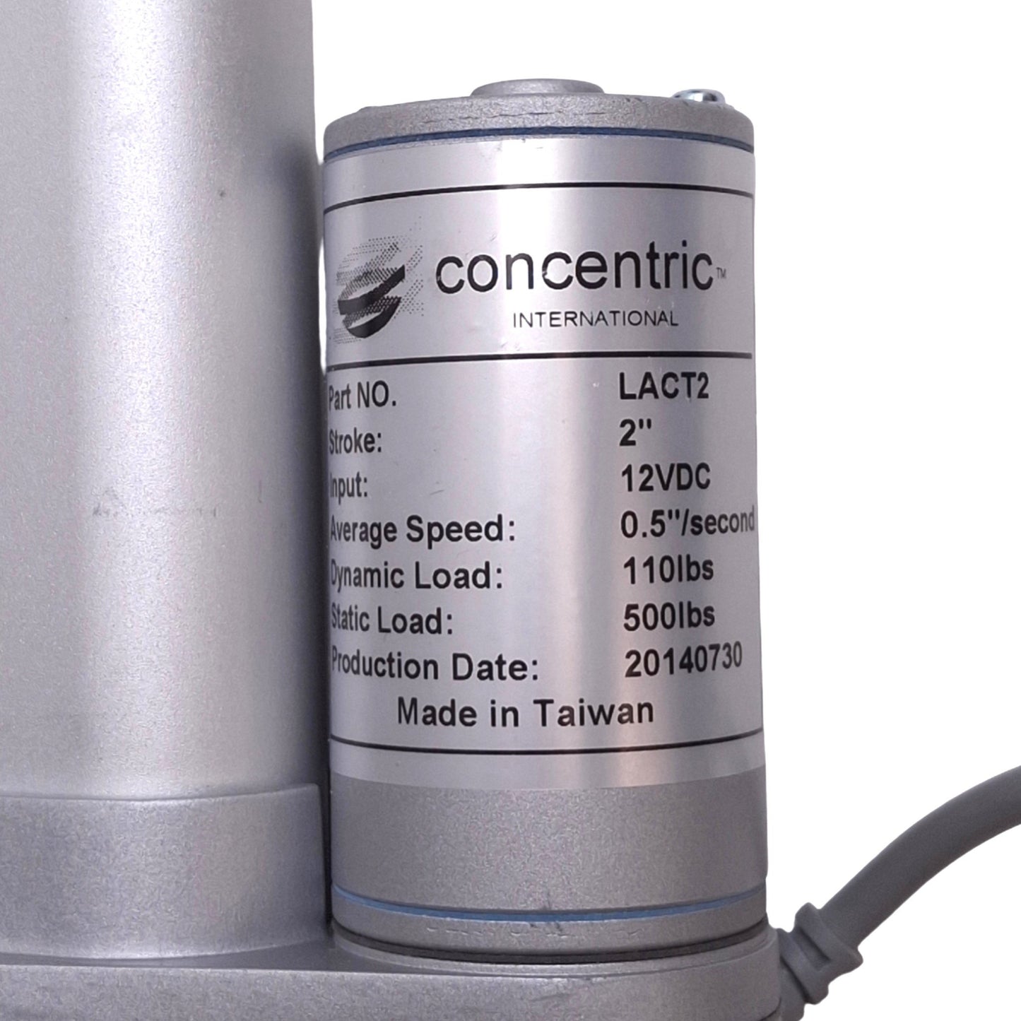Used Concentric LACT2P Linear Actuator, 20:1, 2in Stroke, 110lb Capacity, 12VDC